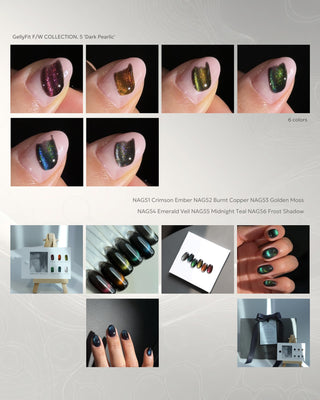 GellyFit Dark Pearlic gel polish samples of magnetic colors, pink, orange, yellow, green, blue and silver,  on a white background, featuring a collage of gel polish colors with close-up shots and product display.