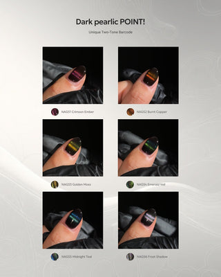 GellyFit Dark Pearlic gel polish samples of magnetic colors, pink, orange, yellow, green, blue and silver,  on a white background, featuring a collage of gel polish colors with close-up shots of two tone effect.
